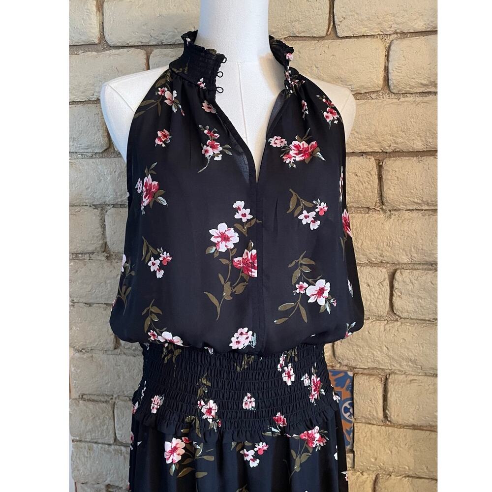 Black Floral Smocked Halter Maxi Dress Sleeveless Summer Dress Size Large - Picture 3 of 8